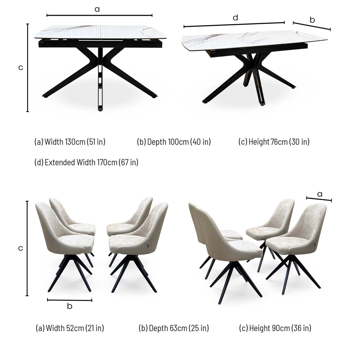 'Jose' Doro Marble Ceramic Top 130cm Pop Up Extending Dining Table with Beige Fabric Set of 4 Swivel Dining Chairs