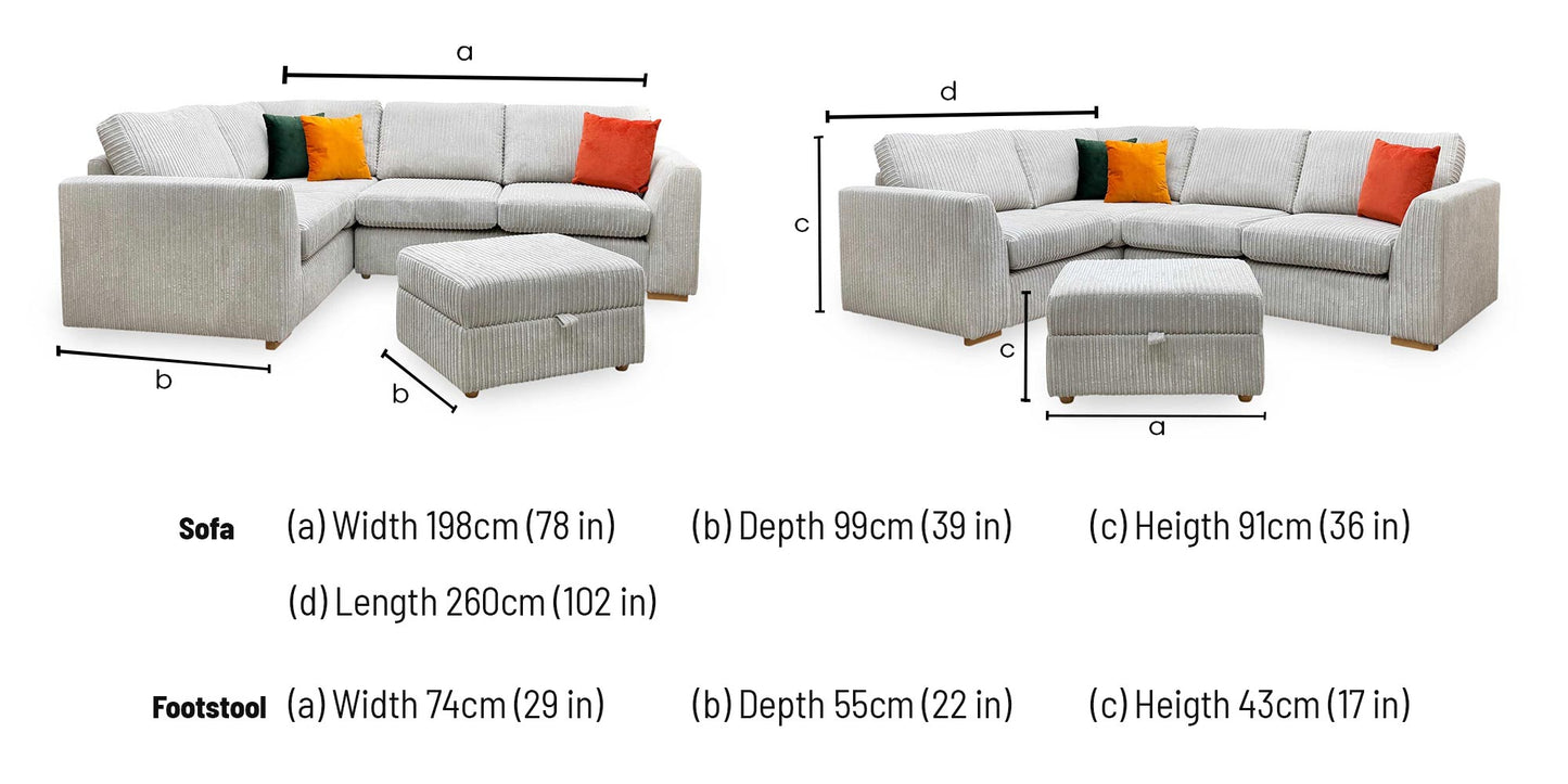 ‘Heydon’ Silver Marley Cord Fabric Right Hand Facing 2 Seater Corner Sofa + Storage Footstool