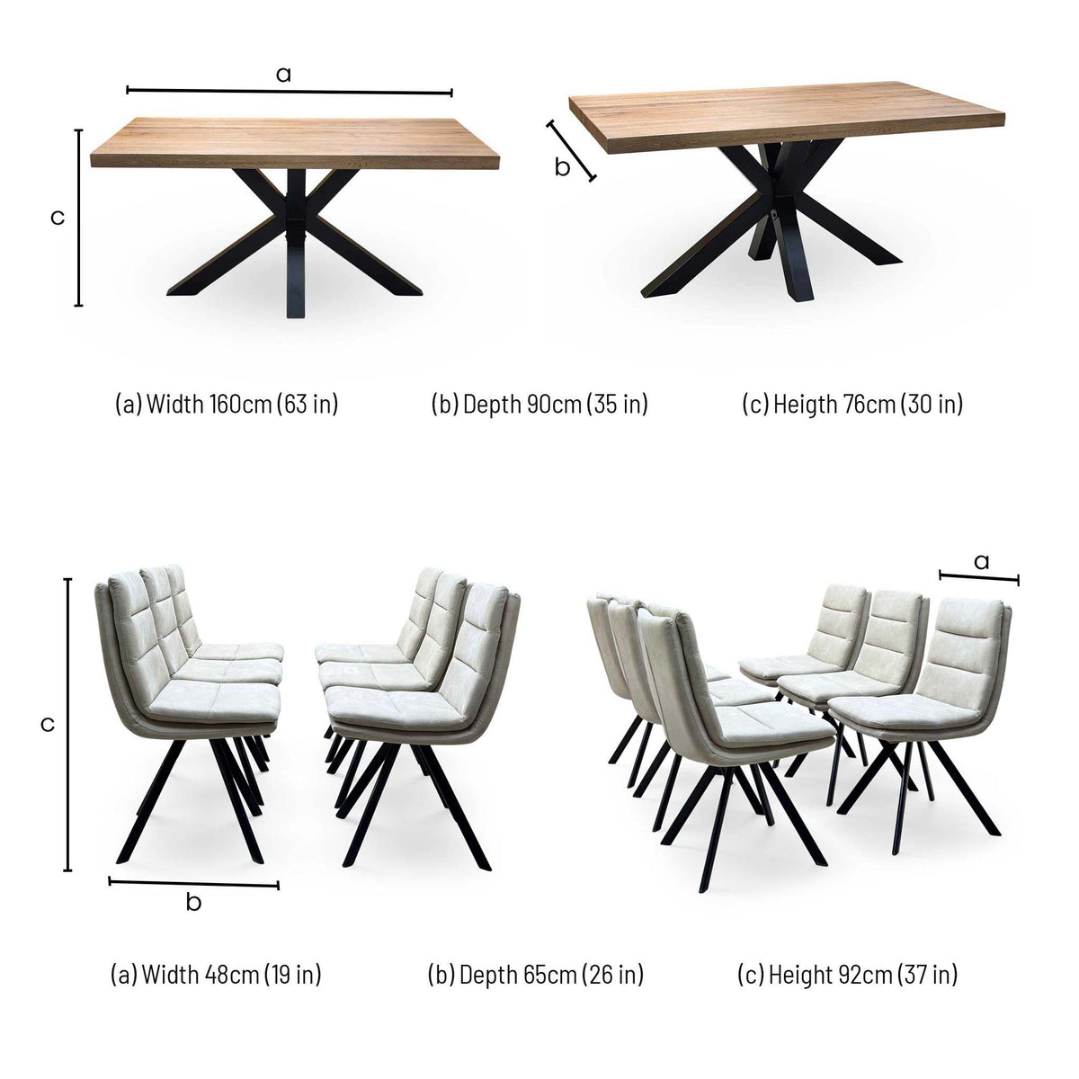 Bodahl 'Njord' 4 Desert Solid Oak Straight Top 160cm Metal Star Base Dining Table with Sand Beige Fabric Set of 6 Swivel Dining Chairs