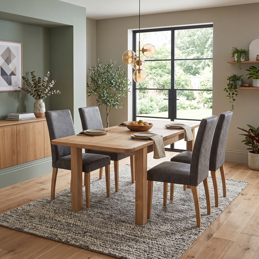 Furnitureland ‘Augusta’ Solid Oak Small Rectangular Extending Dining Table with Grey Cowboy Upholstered Dining Chair – view 2