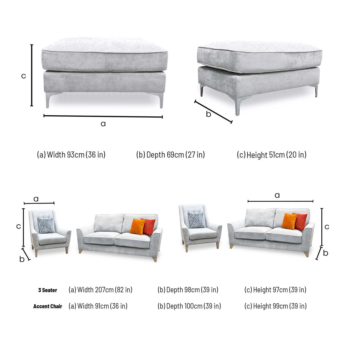 Legend Kingston set dimensions: sofa width 207cm, depth 98cm, height 97cm; chair 91x100x97cm; footstool 93x69x51cm