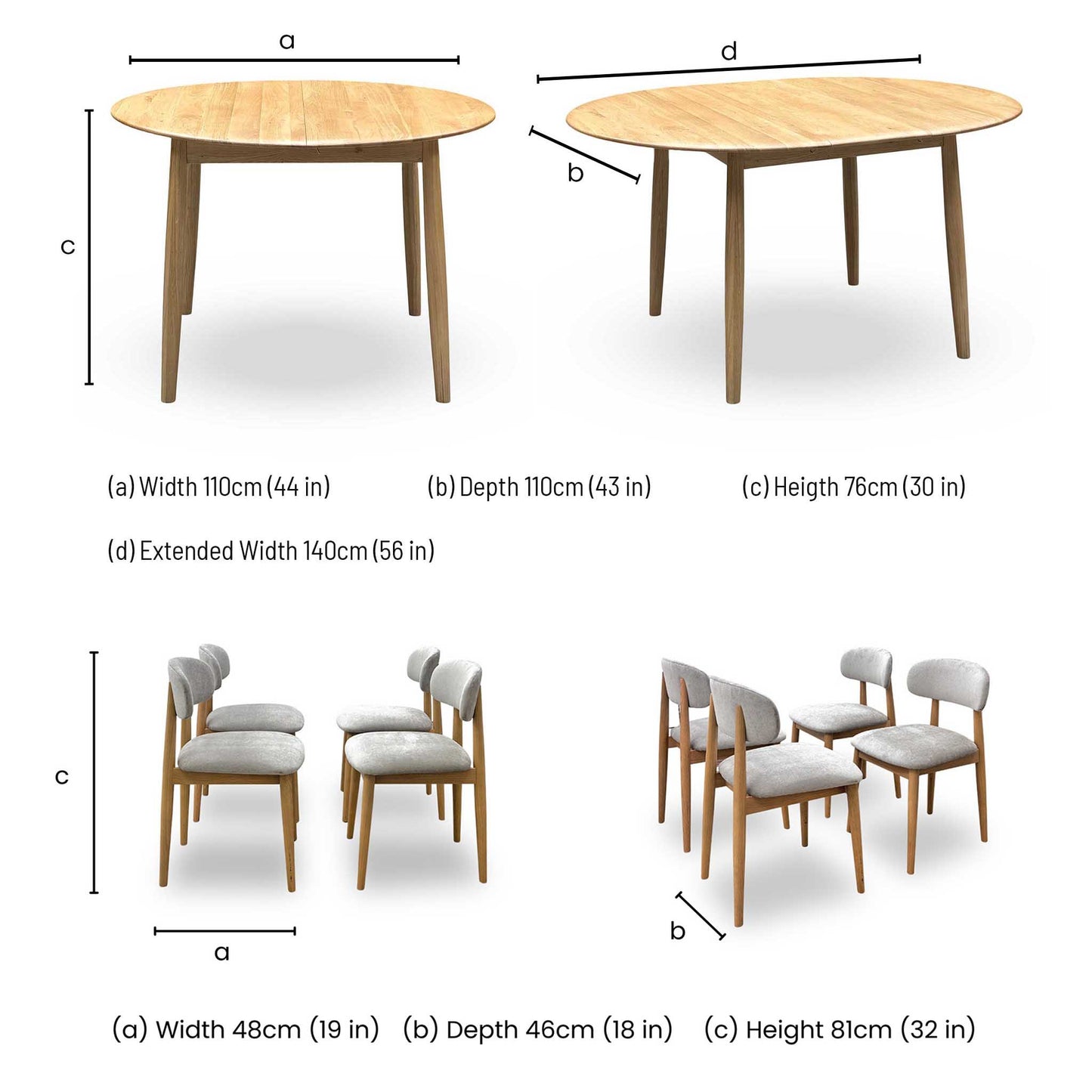 ‘Stockholm’ Light Oak Solid Oak Round Extending Dining Table with Light Oak Set of 4 Wooden Dining Chairs