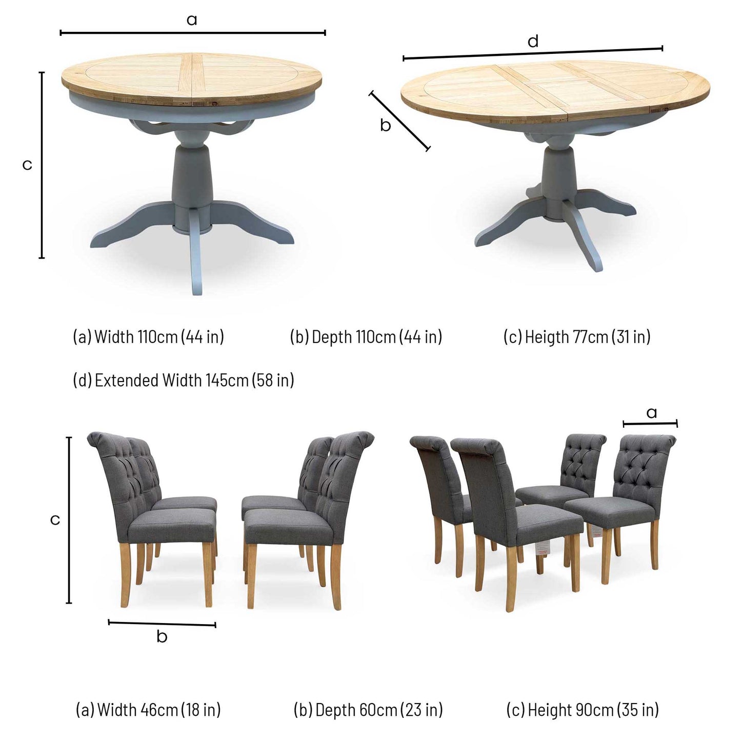 ‘Lewis’ Solid Oak Round Pedestal Butterfly Extending Dining Table with Anthracite Grey Fabric Set of 4 Button Back Dining Chairs