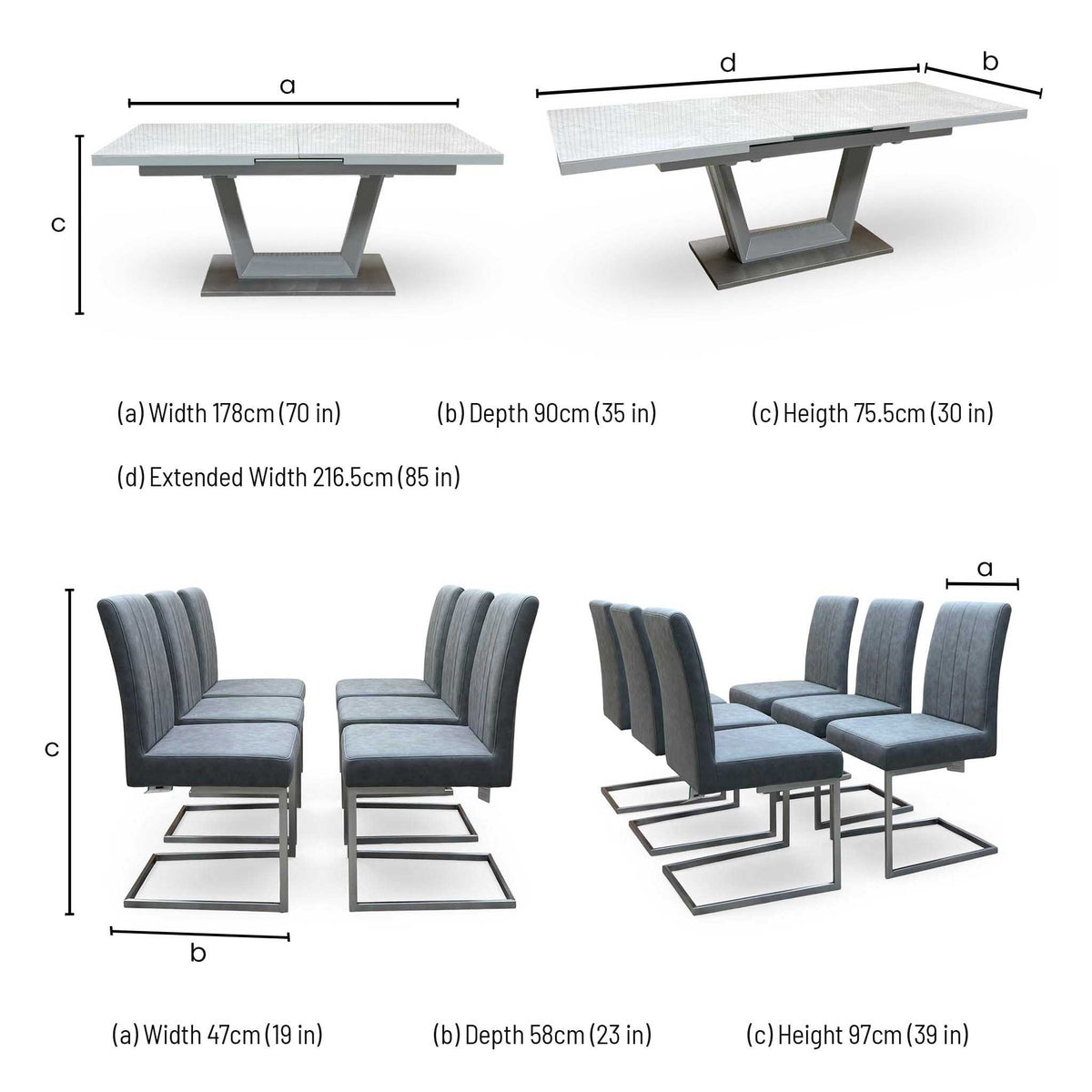 'Grigio' Marble Effect Ceramic Top Large Extending Dining Table with Grey Fabric Set of 6 Cantilever Dining Chairs
