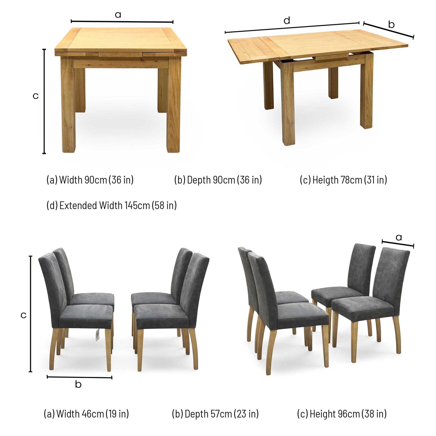 Furnitureland ‘Augusta’ Solid Oak Draw Leaf Extending Dining Table with Grey Cowboy Upholstered Dining Chairs - Set of 4