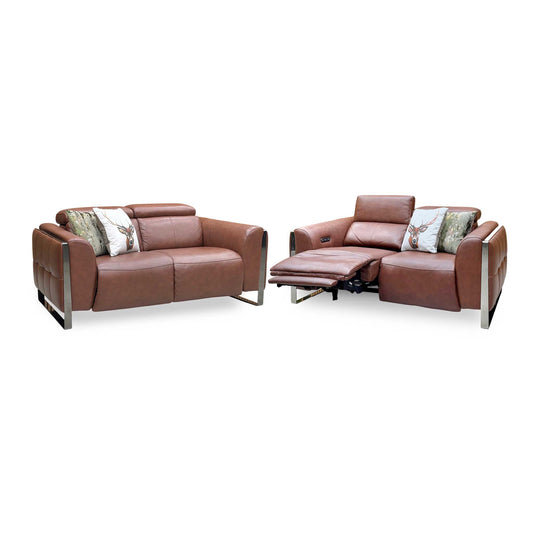‘Gisella’ Cat-60 07 Butterscotch Brown Leather Set: 2 Seater Power Recliner with Power Headrests + 2 Seater Standard Sofa Set