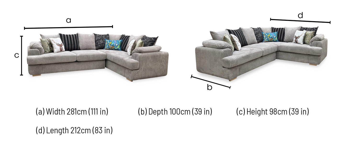 'Celine’ Steel Grey Jumbo Cord Fabric Left Arm Facing 2 Seater Pillow Back Corner Sofa