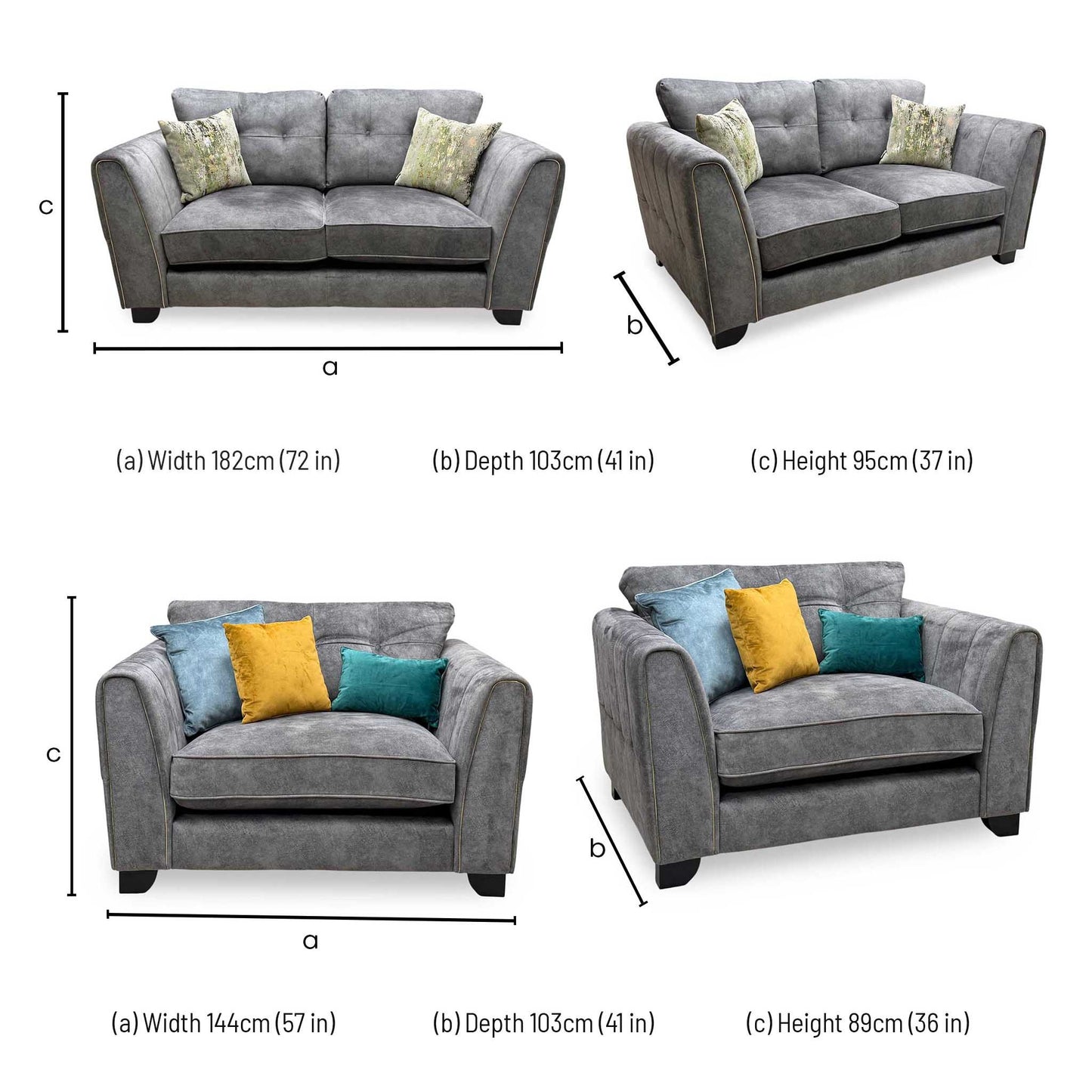 'Mariah' Dapple Moleskin-Tri Brass Insert Velvet Fabric Classic Back 2 Seater + Snuggler Chair Sofa Set