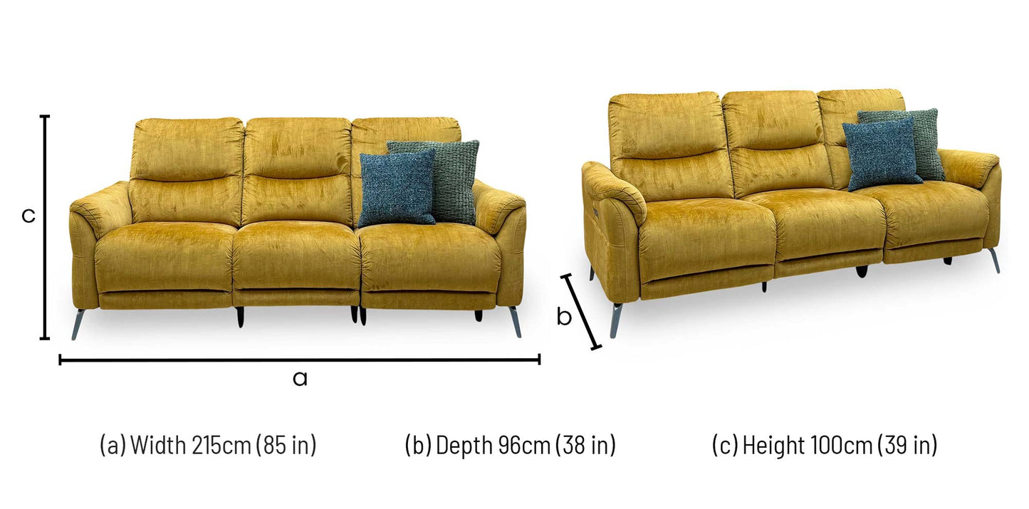‘Daytona’ 52002 Heritage Saffron Yellow Velvet Fabric 3 Seater Power Recliner Sofa with Drinks Holder and Built-in Bluetooth Speaker
