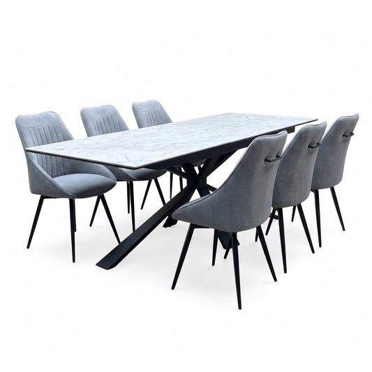 'Crete' Ceramic Top 180cm Large Extending Dining Table with Silver Fabric Set of 6 Swivel Dining Chairs