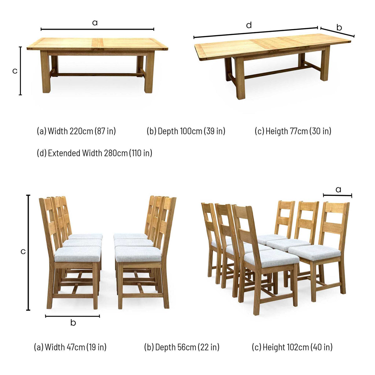 Furnitureland 'Augusta' Solid Oak Large 220cm Rectangular Extending Dining Table with Clay Grey Upholstery Fabric Wooden Ladderback Set of 6 Dining Chairs