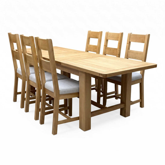 Furnitureland 'Augusta' Solid Oak Large 220cm Rectangular Extending Dining Table with Clay Grey Upholstery Fabric Wooden Ladderback Set of 6 Dining Chairs