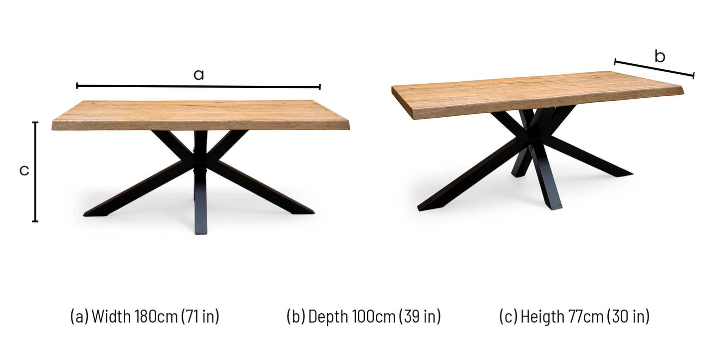 Bodahl ‘Terra’ 6 Bassano Solid Oak Raw Edge 180cm Dining Table with Metal Star Base