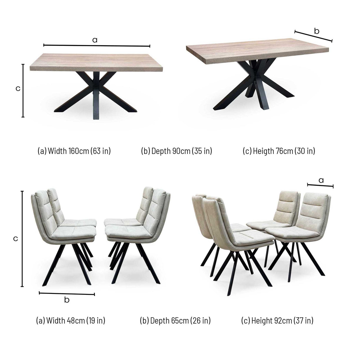 Bodahl 'Njord' 8 Vintage Grey Solid Oak Straight Edge 160cm Metal Star Base Dining Table with Sand Beige Fabric Set of 4 Swivel Dining Chairs