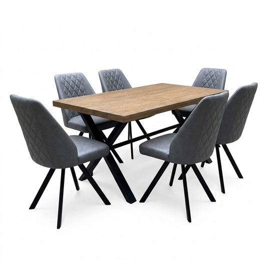 'Jupiter' Dark Oak Solid Oak Dining Table with X Shaped Legs 150 cm + Grey Faux Leather Swivel Chairs Set of 6