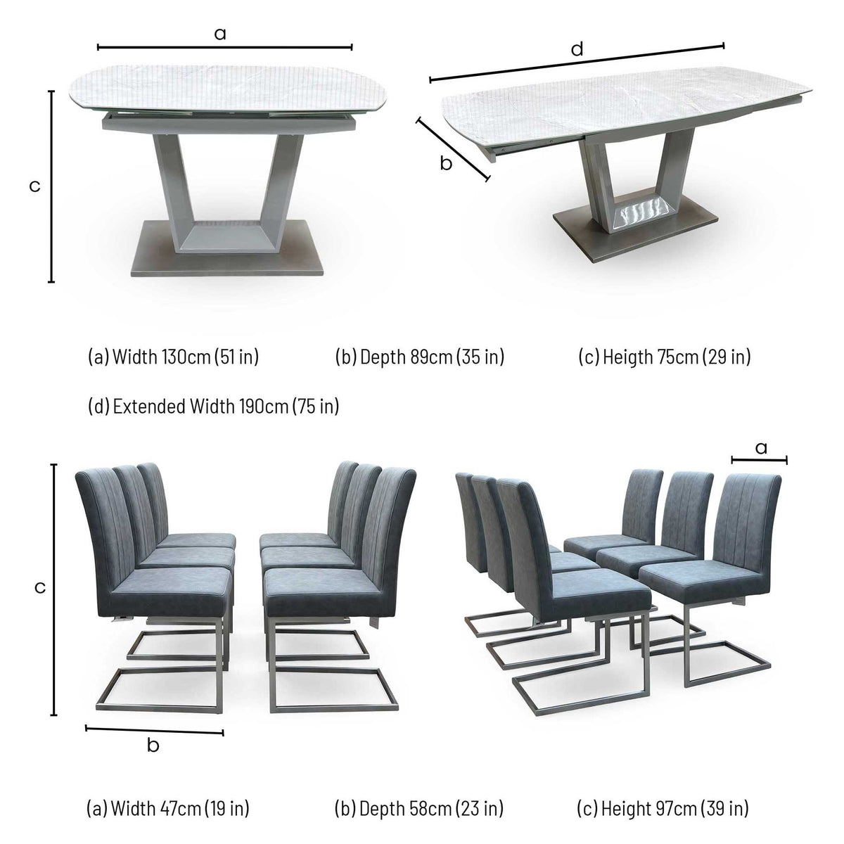 'Grigio' Ceramic Top Swivel Extending Dining Table with Grey Fabric Set of 6 Cantilever Dining Chairs