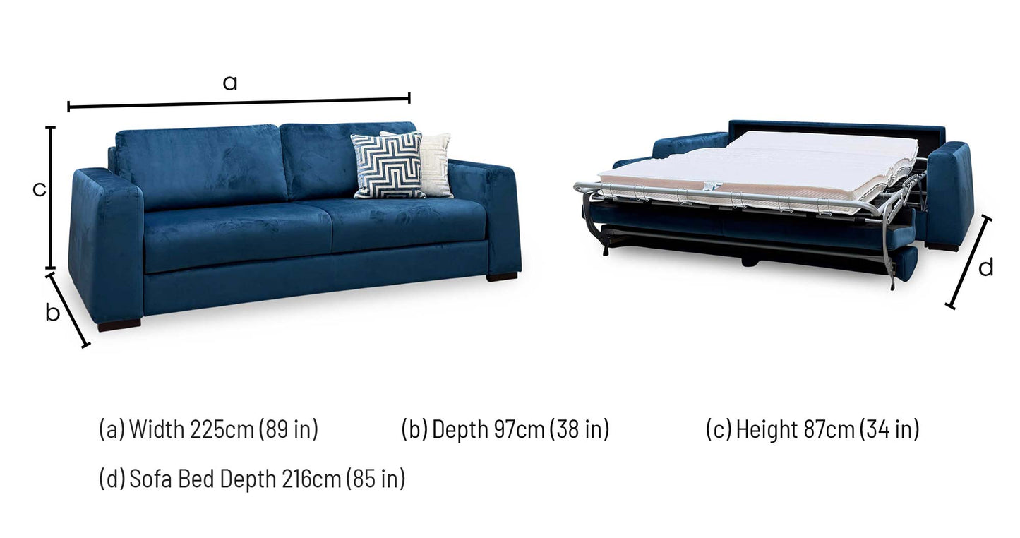 ‘Archie' Pacific Blue Velvet Fabric 4 Seater Deluxe Sofa Bed