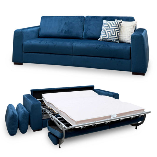 ‘Archie' Pacific Blue Velvet Fabric 4 Seater Deluxe Sofa Bed
