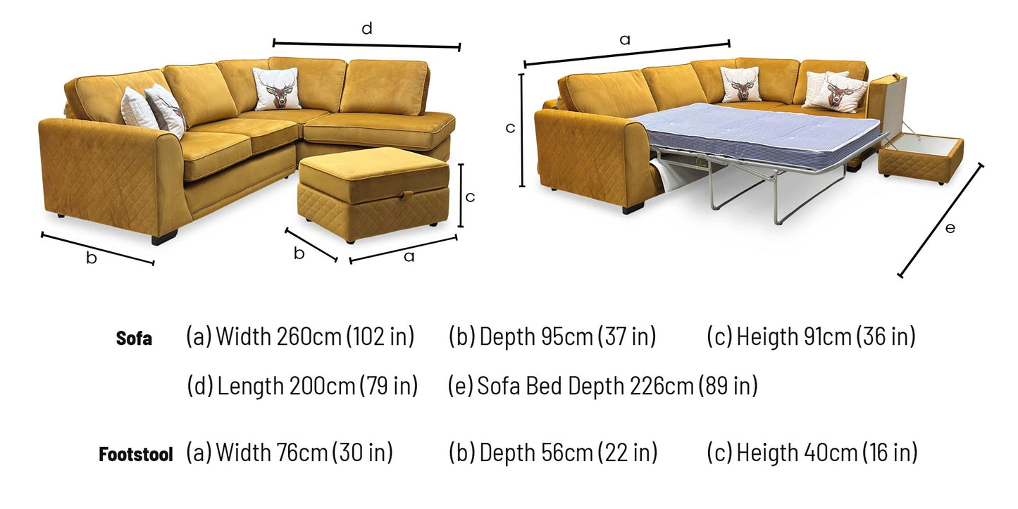 ‘Orka’ Mustard Yellow Sensual Velvet Left Hand Facing Arm Open End Deluxe Corner Sofa Bed + Large Storage Footstool