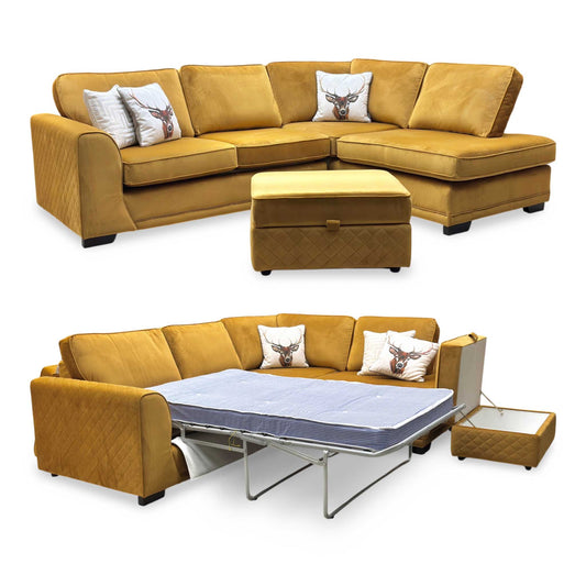 ‘Orka’ Mustard Yellow Sensual Velvet Left Hand Facing Arm Open End Deluxe Corner Sofa Bed + Large Storage Footstool