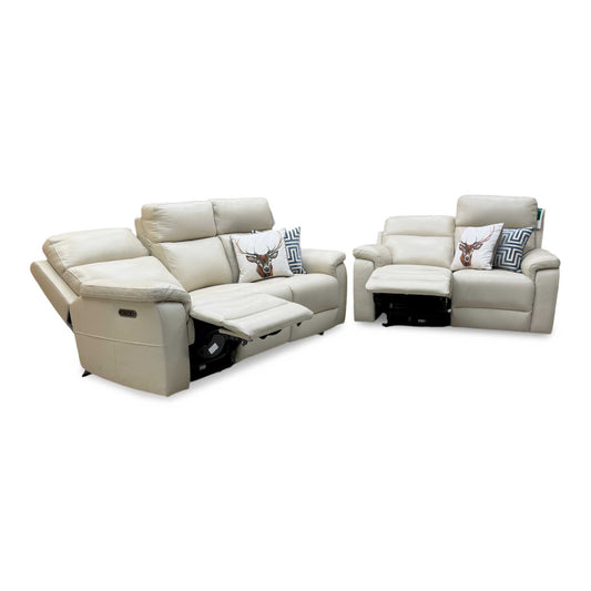‘Raven’ Montana Bone China Cat-60_05 Cream Leather 3 + 2 Seater Power Recliner Sofa Set