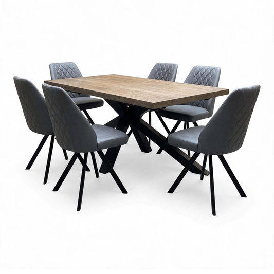 'Jupiter' Dark Oak Solid Oak 180cm Dining Table with Star Base + Grey Faux Leather Swivel Chairs Set of 6