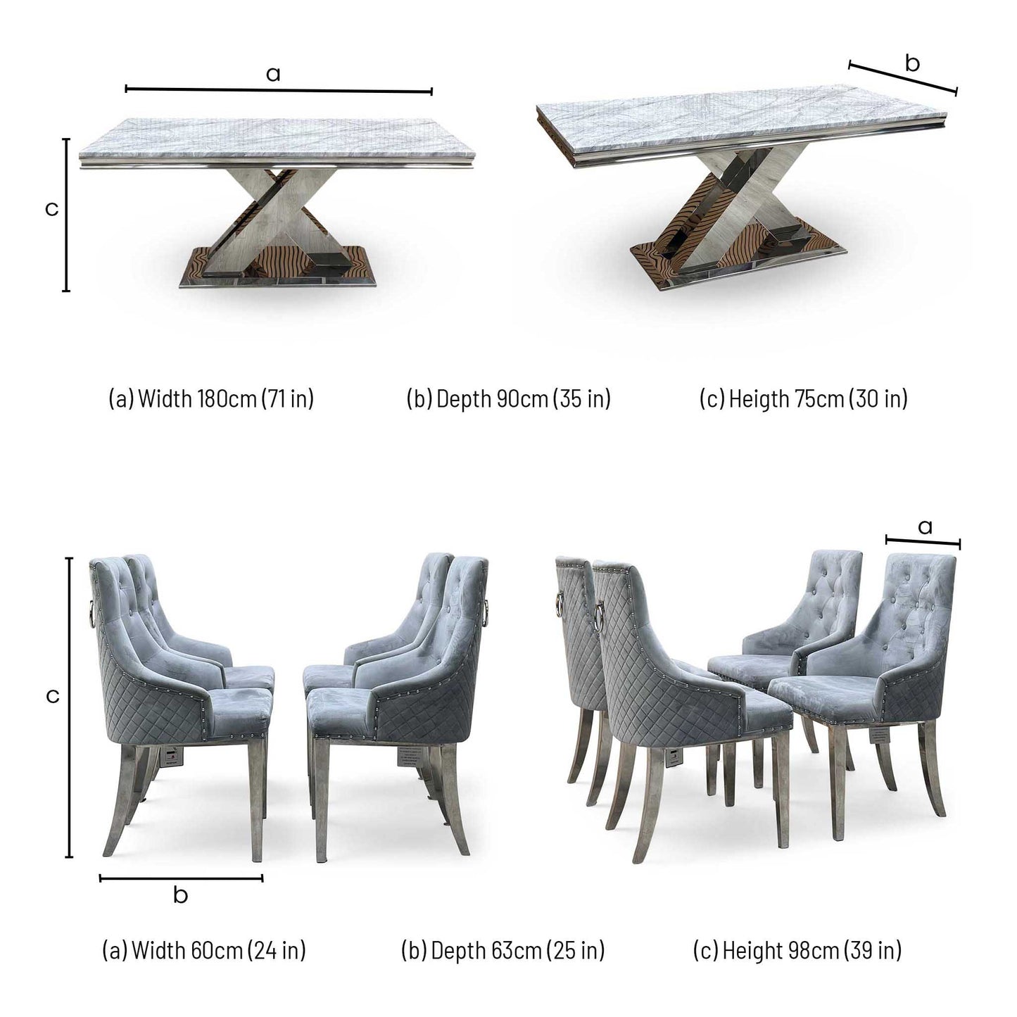 ‘Dolce’ Real Marble Large 180cm Fixed Dining Table with Silver Velvet Fabric Dining Chairs Set of 4