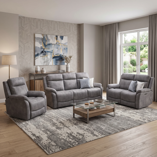 ‘Linea’ Storm Grey Microfiber Fabric 3 + 2 Seater Power Recliner with Power Armchair Sofa Set