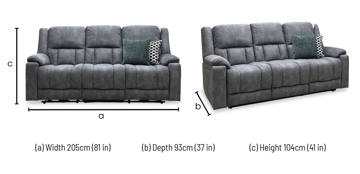 ‘Savoy’ Dark Grey Microfiber Fabric 3 Seater Power Recliner Sofa