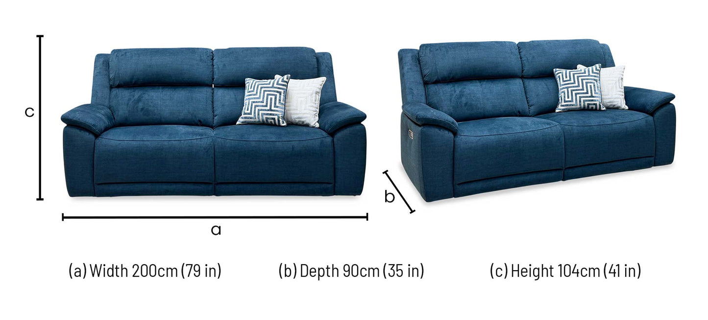 ‘Utah’ Giula Dark Blue Velvet Fabric 3 Seater Power Recliner Sofa with Power Headrests and Power Lumbar