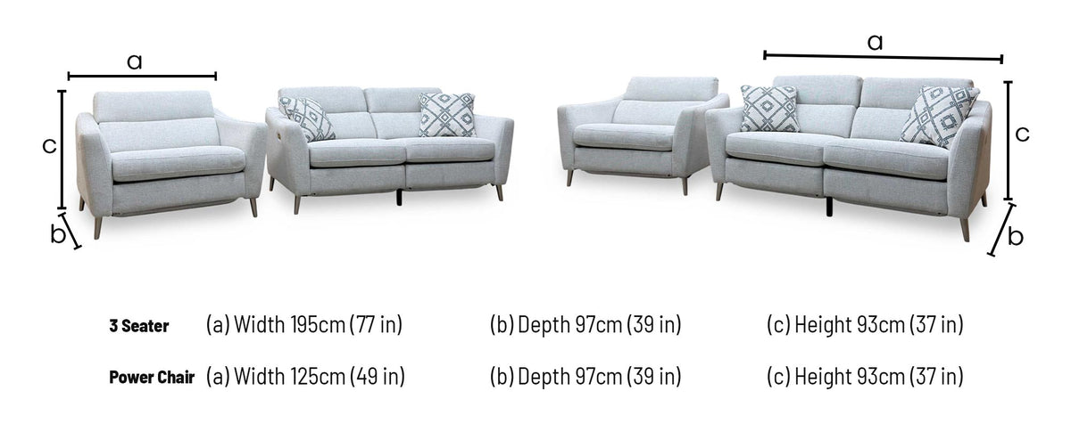 ‘Moderna’ Blr Pearl Grey Chr Fabric 2 Seater Power Recliner Sofa + Power Snuggler Chair