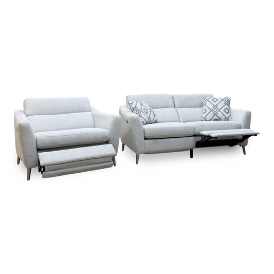 Moderna pearl grey fabric 2 seater power recliner sofa and power snuggler chair, both reclined