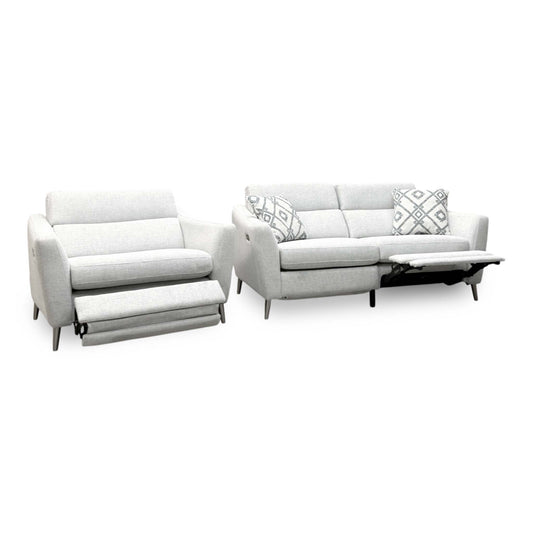 ‘Moderna’ Blr Pearl Grey Chr Fabric 2 Seater Power Recliner Sofa + Power Snuggler Chair