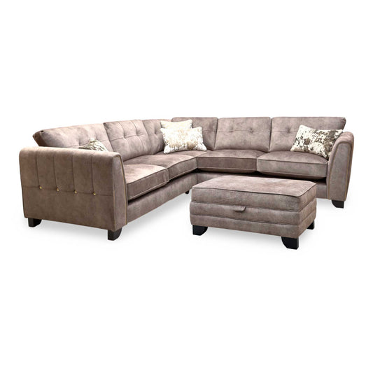 'Mariah' Dapple Chocolate-Tri Brass Velvet Fabric Large Classic Back Corner Sofa with Large Storage Footstool