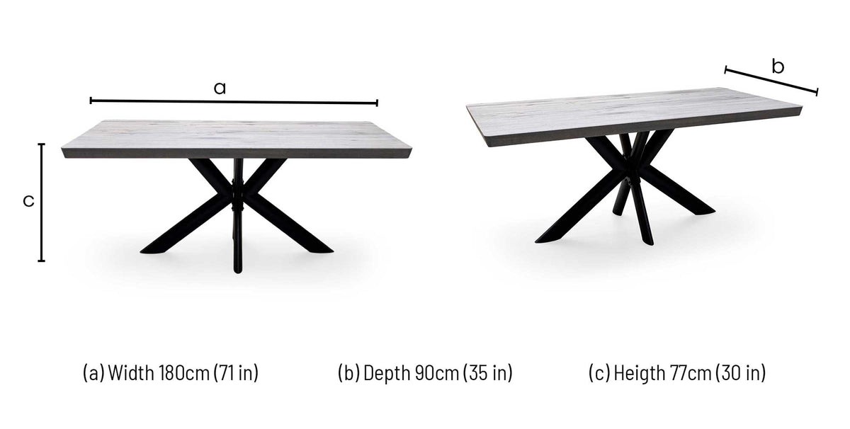 Bodahl 'Athena' 8 Vintage Grey Solid Oak Soft Edge 180cm Dining Table with Metal Star Base