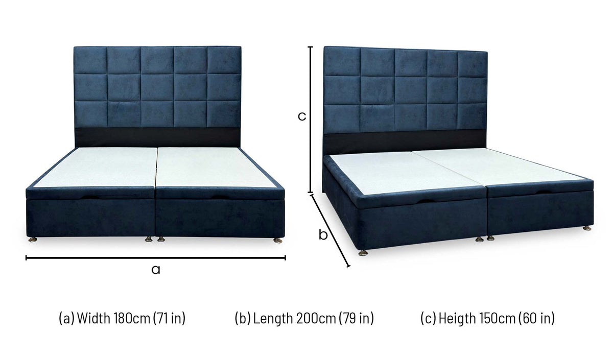 Artisan Collection ‘Elwood’ Daytona Ocean Blue Fabric High Floor Standing Headboard + Double End Lift Ottoman Base - Super King