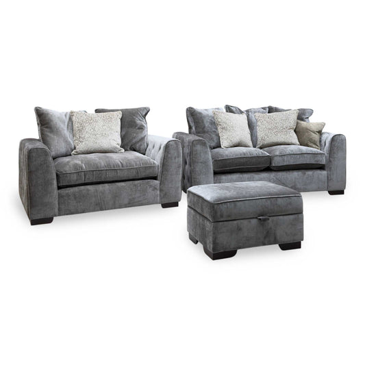 Valentina Truffle Brown Fabric 2 Seater Pillow Back Sofa + Snuggler Chair + Storage Footstool