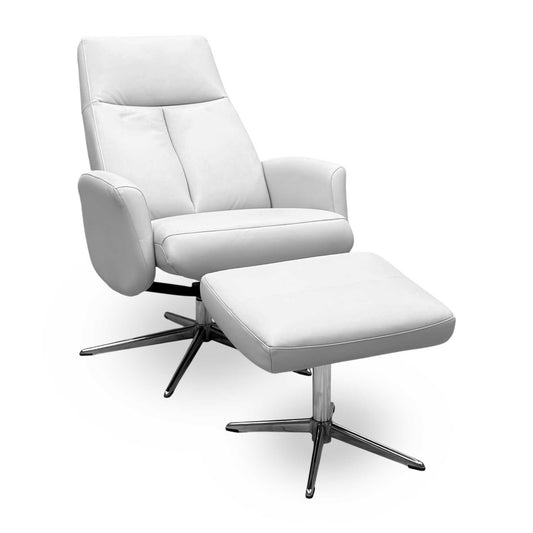 G Plan Vaasa H006 Oxford Light Grey Leather Swivel Recliner Chair and Footstool with Chrome Base