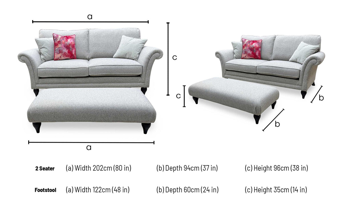 Parker Knoll 'Plaza' Fab Contour Smoke May Grey Fabric Large 2 Seater Classic Back Sofa + Banquette Footstool