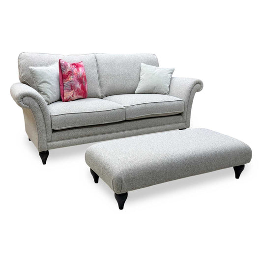 Parker Knoll 'Plaza' Fab Contour Smoke May Grey Fabric Large 2 Seater Classic Back Sofa + Banquette Footstool