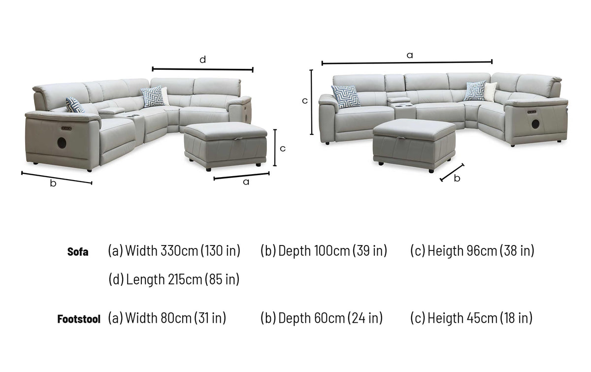 'Genius' Oslo Light Grey Leather Power Recliner Small Corner Sofa with Power Headrests, Bluetooth Speakers, Media Console and Large Storage Footstool
