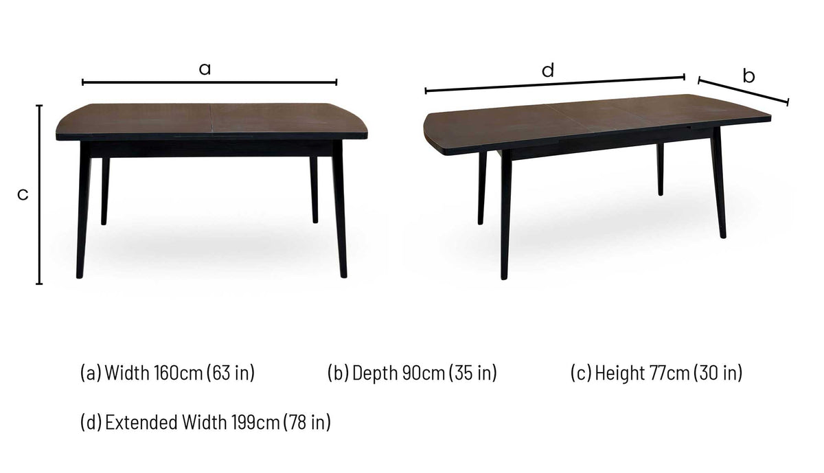 Magda black oak extending dining table dimensions: width 160cm, depth 90cm, height 77cm, extended width 199cm