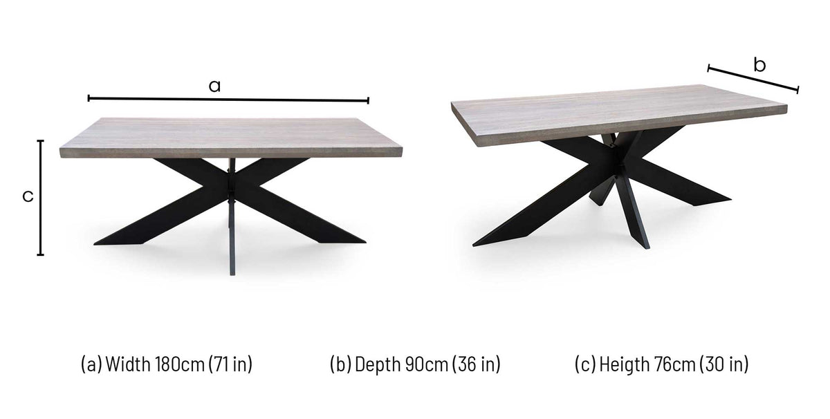 Bodahl ‘Hades’ 8 Vintage Grey Solid Oak Straight Top 180cm Dining Table with Metal Star Base
