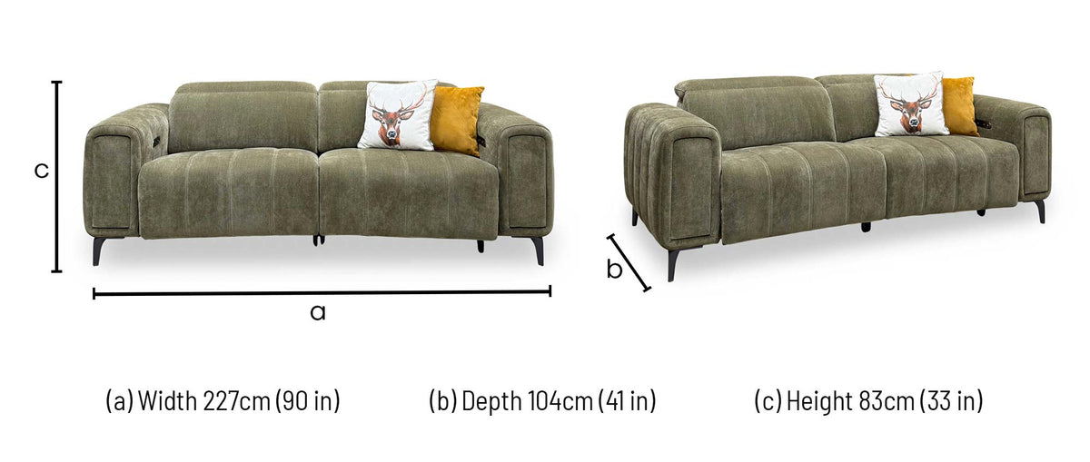 'Elphaba' Manhattan Olive Green Linen Fabric 3 Seater Power Recliner Sofa with Storage Arms