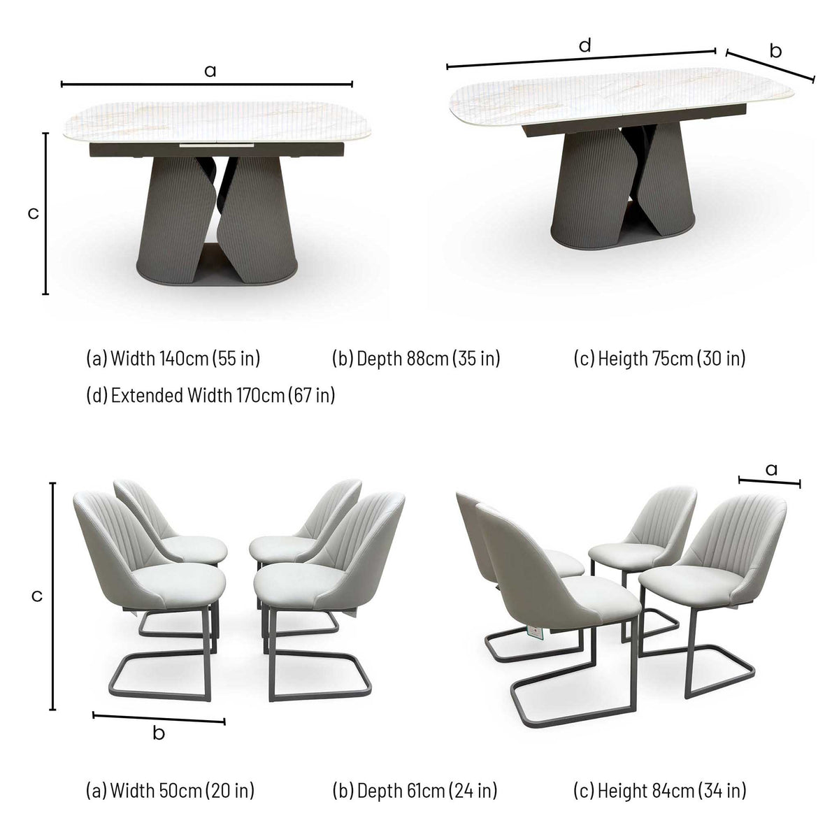 'Ivy' Neutral Marble Effect Ceramic Top 140cm Extending Dining Table with Pale Grey Faux Leather Cantilever Dining Chairs - Set of 4
