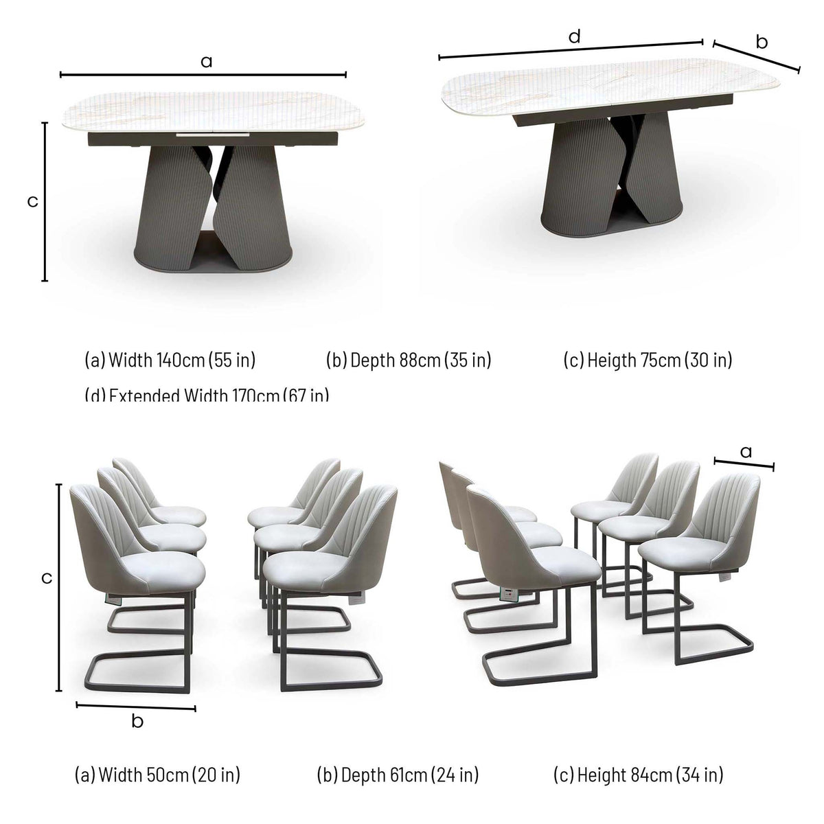 'Ivy' Neutral Marble Effect Ceramic Top 140cm Extending Dining Table + 6 Taupe Faux Leather Cantilever Chairs
