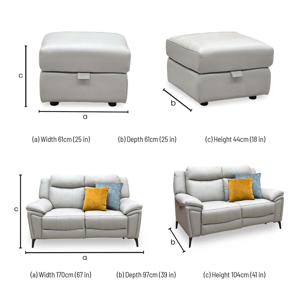 Panache sofa set dimensions: footstool width 61cm, depth 61cm, height 44cm; 2 seater width 170cm, depth 97cm, height 104cm