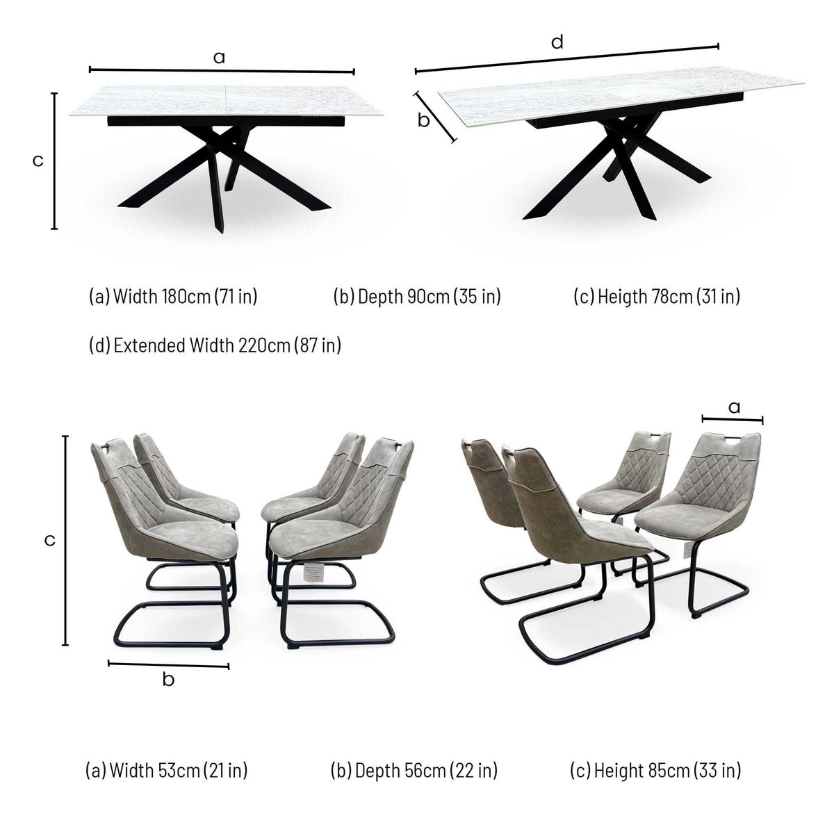 'Warrior' White Sintered Stone Ceramic Top 180cm Extending Dining Table with Taupe Fabric Cantilever Dining Chairs - Set of 4