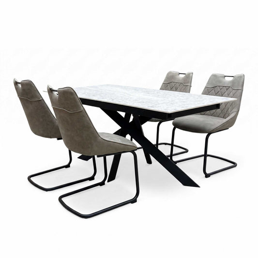 'Warrior' White Sintered Stone Ceramic Top 180cm Extending Dining Table with Taupe Fabric Cantilever Dining Chairs - Set of 4