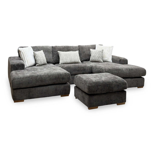 Broadgate chocolate brown woven fabric U-shape modular sofa with the footstool in front, angled view